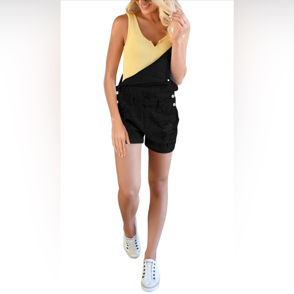luvamia Women's Ripped Short Overalls Adjustable Denim Bib Overall Shorts Romper